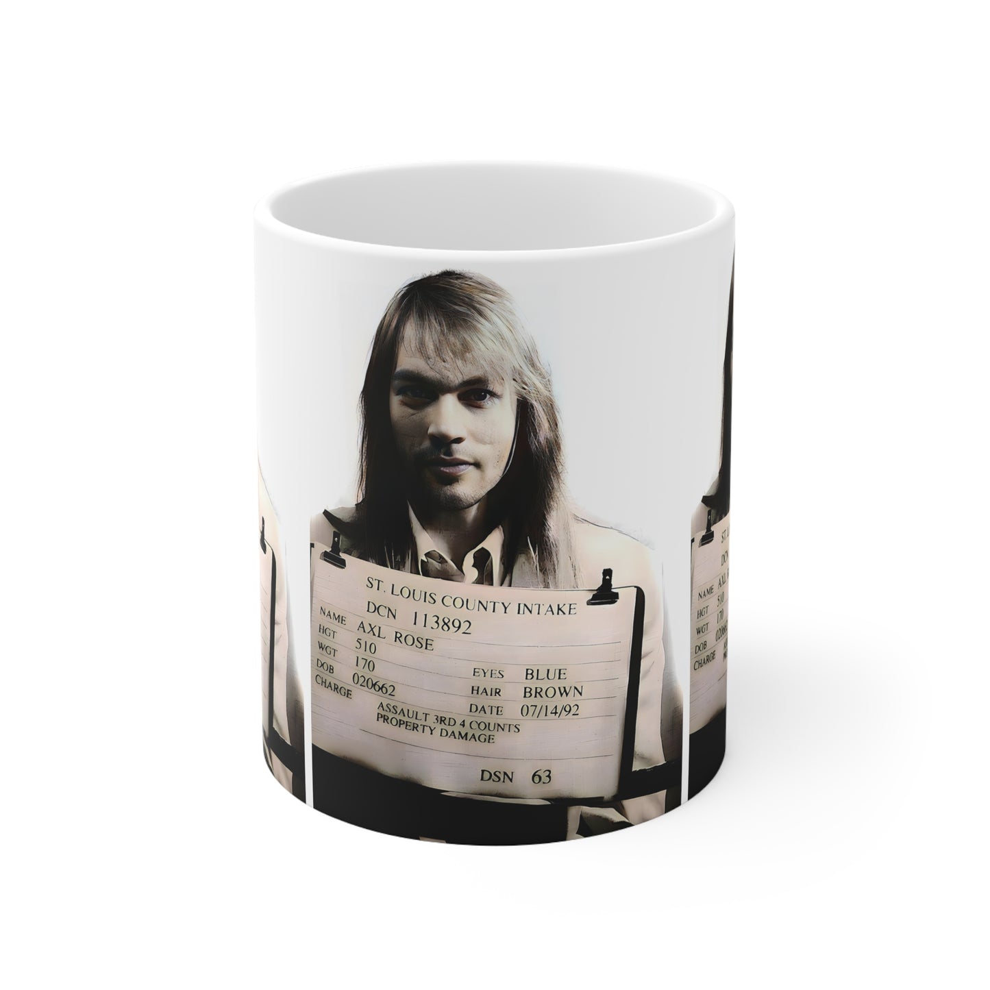 Axl Rose Mugshot Coffee Mug 11oz | Magnificent 1991 Mug Shot Portrait | Busted | Famous St. Louis Arrest | Guns N' Roses | Original Art Design | NEW