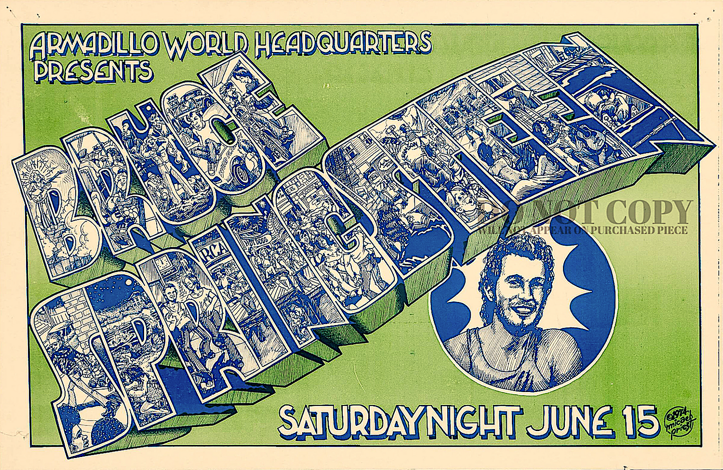 Bruce Springsteen Concert Poster 11 X 17 | Magnificent 1974 Artwork | Live | The Armadillo World Headquarters | Austin, TX | Legendary American Music | The Boss In Texas | 11X17 Inches | Rare Art Print