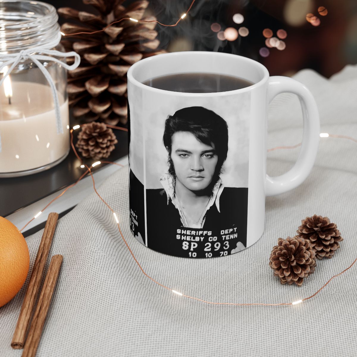 Elvis Presley Mugshot Coffee Mug 11oz | Magnificent 1970 Mug Shot Portrait | The King | Shelby County | Tennessee | Original Artwork | Outlaw | Legendary American Music | The 70s | Rare Piece | Stunning Art Design | Custom Made | NEW (Sealed)