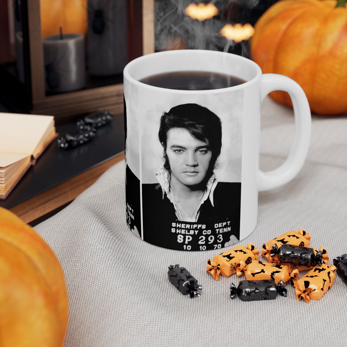 Elvis Presley Mugshot Coffee Mug 11oz | Magnificent 1970 Mug Shot Portrait | The King | Shelby County | Tennessee | Original Artwork | Outlaw | Legendary American Music | The 70s | Rare Piece | Stunning Art Design | Custom Made | NEW (Sealed)