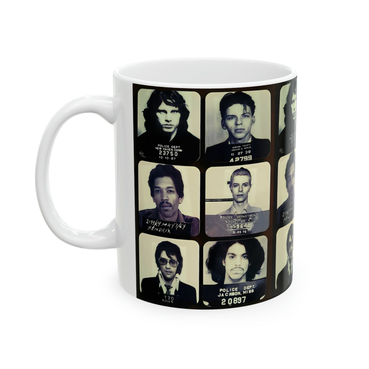 The Greatest Mugshots In Music | Coffee Mug 11oz | Magnificent Mug Shot Photo Collection | Custom Made | Famous Arrest Pictures | Original Art Design | NEW
