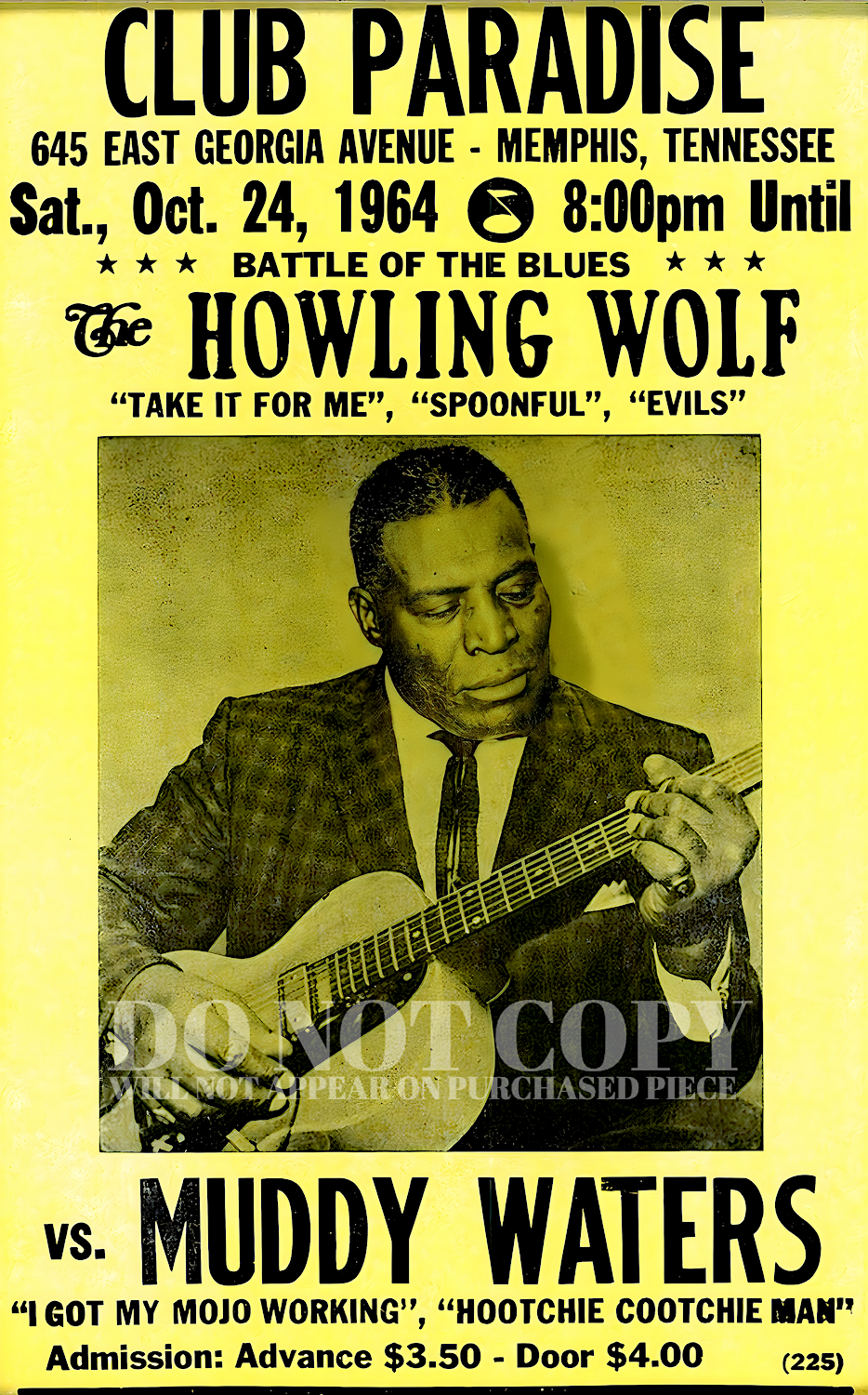 Battle of The Blues Concert Poster 11 X 17 | The Howling Wolf VS. Muddy Waters | 1964 | Club Paradise | Memphis, Tennessee | Legendary American Music | Howlin Wolf | 11X17 Inches | Stunning Artwork | Rare Art Print