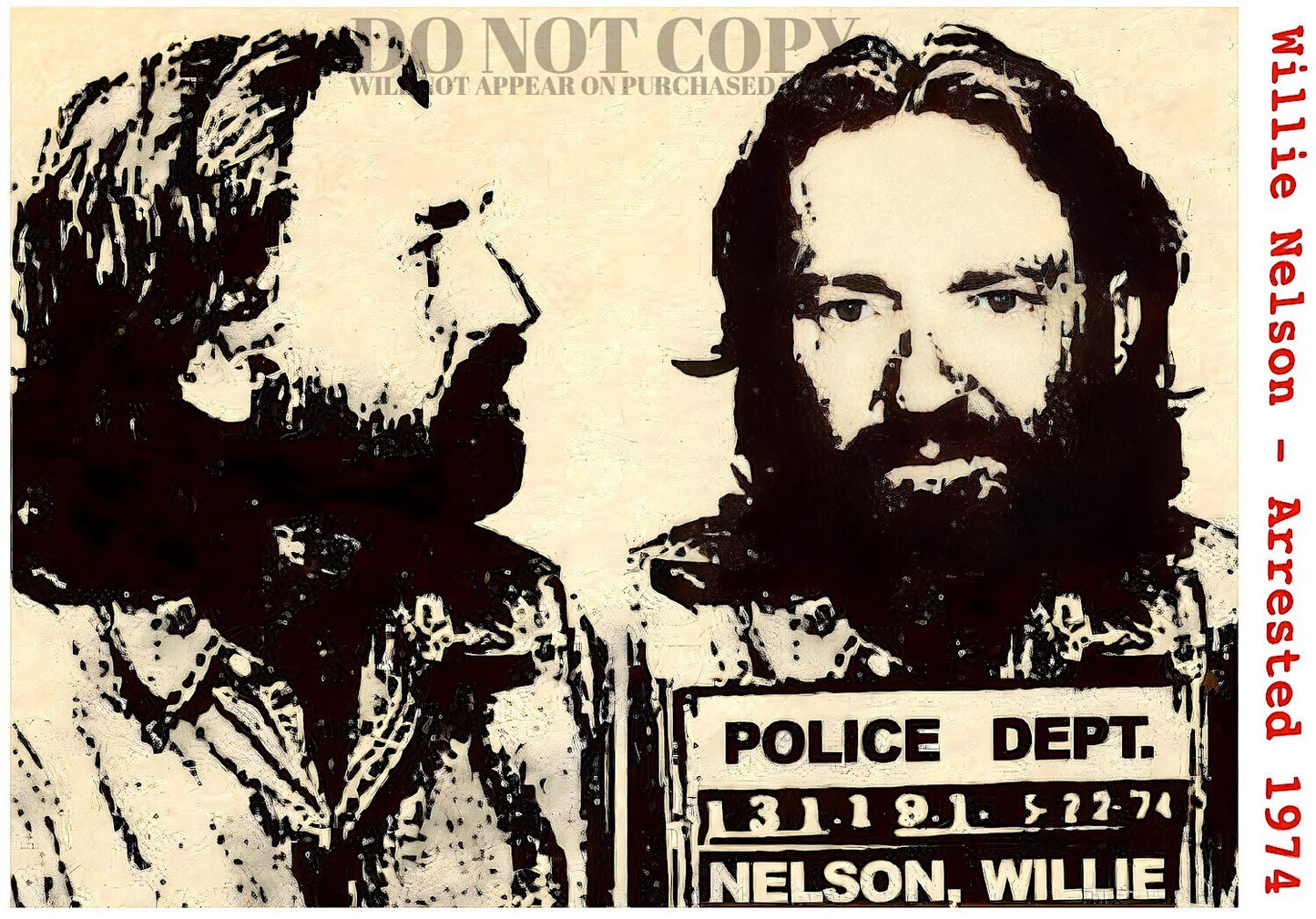 Willie Nelson Mugshot 11 X 16 - Magnificent 1974 Mug Shot Portrait - Busted In Dallas, Texas - Outlaw Country - Legendary American Music - Original Artwork - 11X16 Inches - Memorabilia - Rare Photo - Poster Art Print