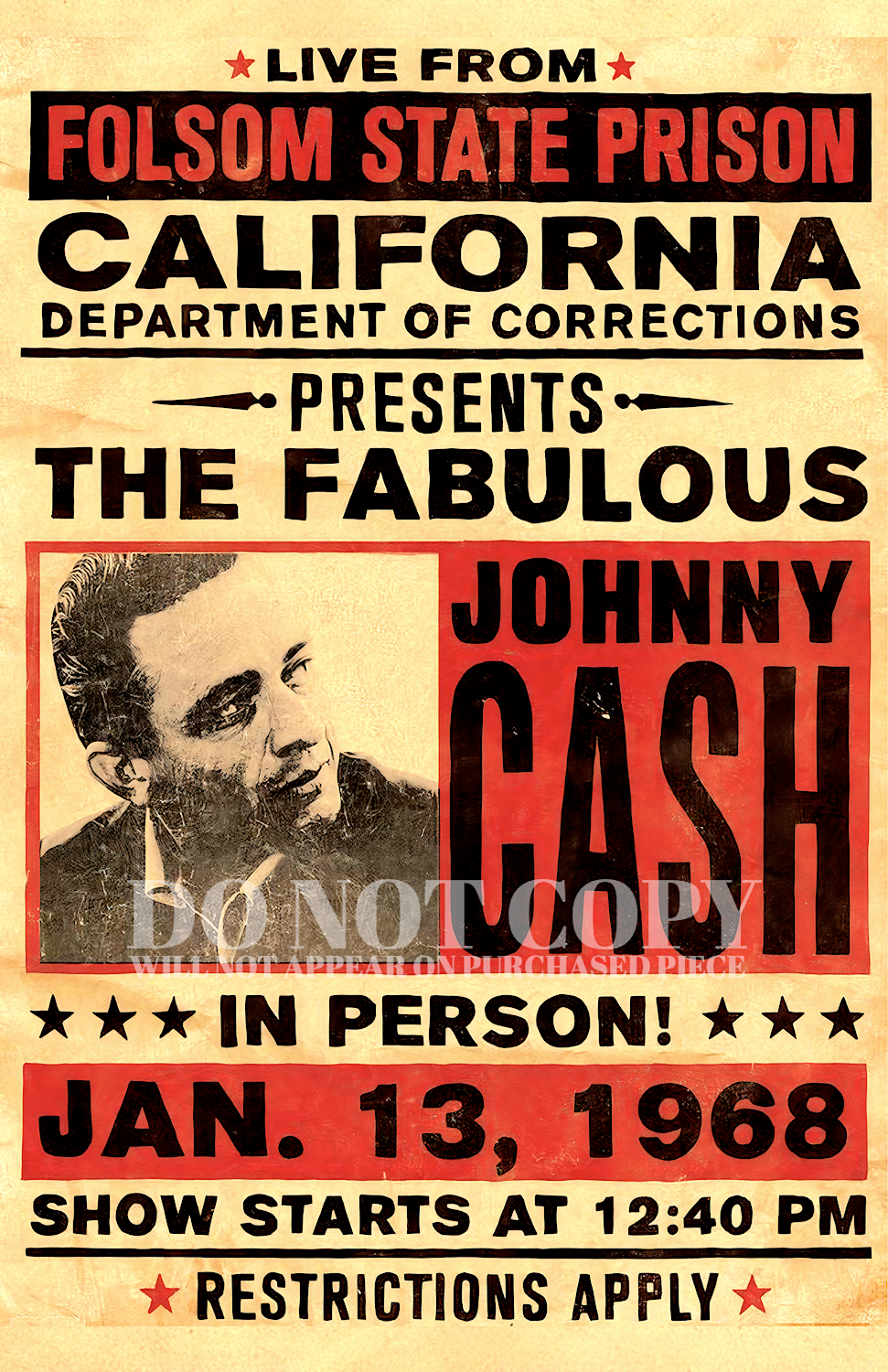 Johnny Cash Concert Poster 11 X 17 - Iconic 1968 Folsom Prison Performance - Outlaw Country - Legendary American Music - Stunning Artwork - Historic Show - Rare Art Print
