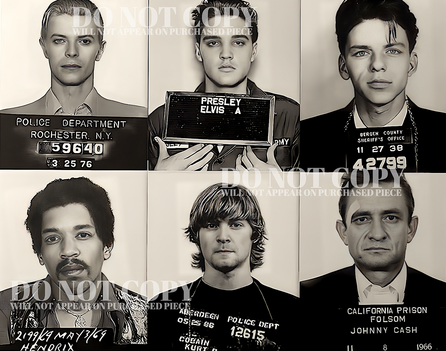 The Greatest Mug Shots In Music 8 X 10 - Rare Mugshot Photo Collage - Kurt Cobain - Nirvana - David Bowie - Spiders From Mars - Johnny Cash - Elvis Presley - Million Dollar Quartet - Jimi Hendrix - Experience - Frank Sinatra - Rat Pack - Poster Art Print