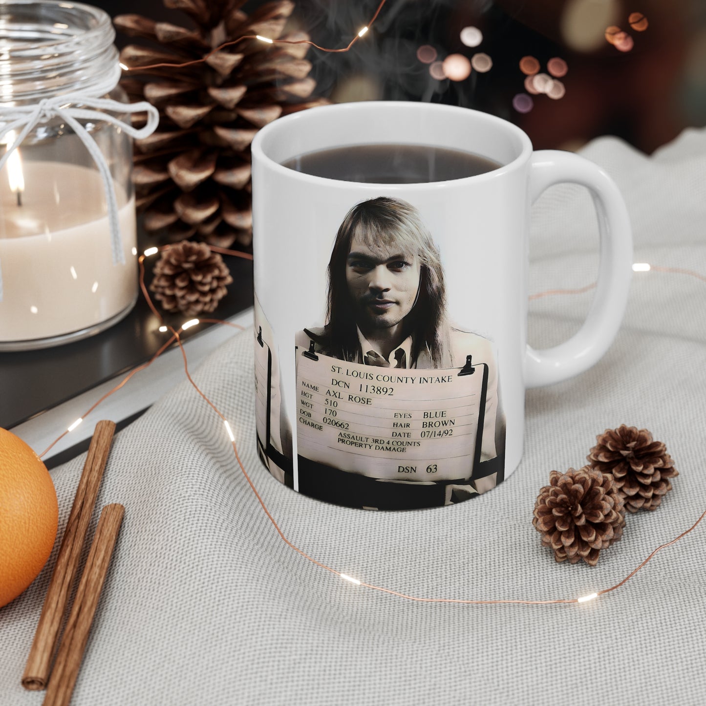 Axl Rose Mugshot Coffee Mug 11oz | Magnificent 1991 Mug Shot Portrait | Busted | Famous St. Louis Arrest | Guns N' Roses | Original Art Design | NEW