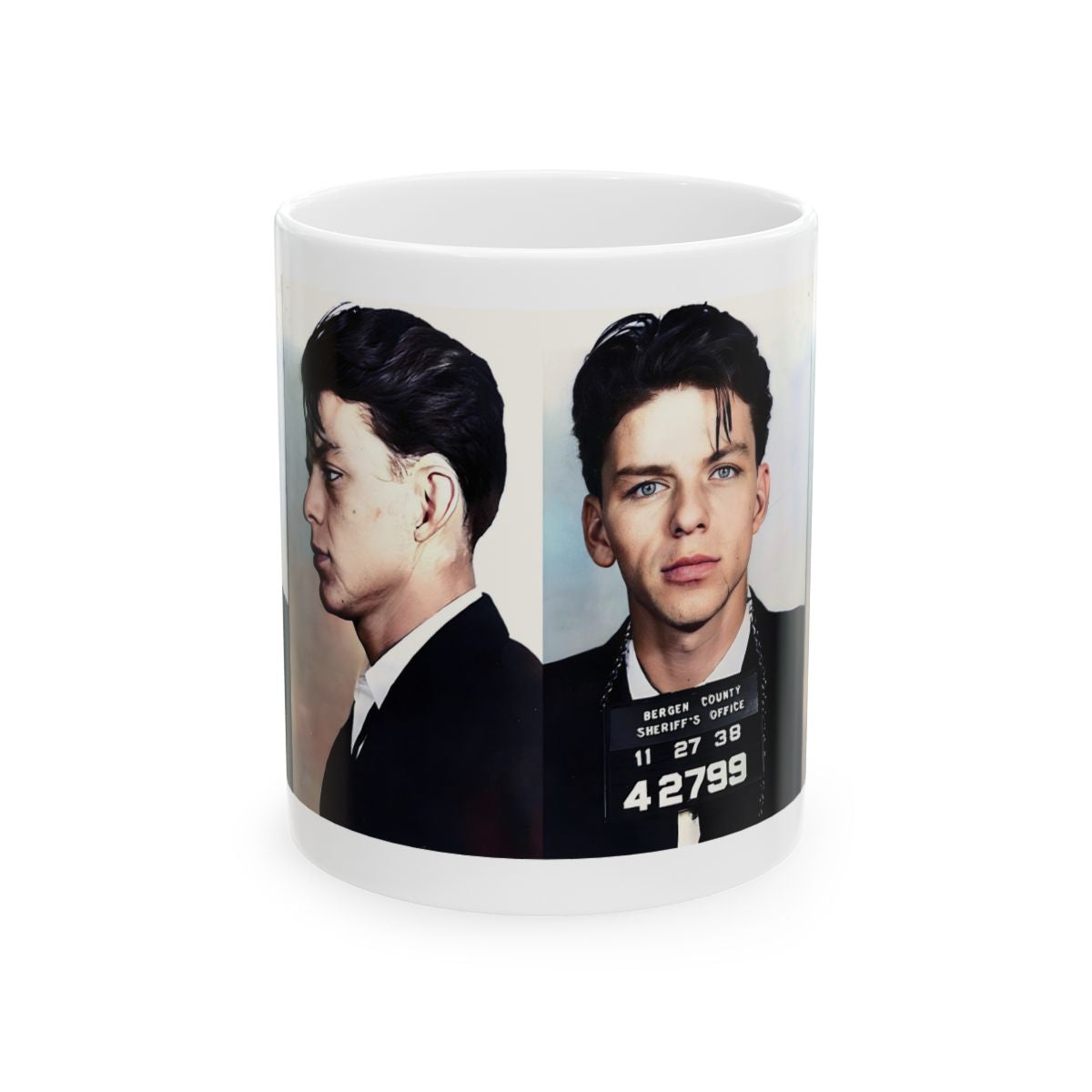 Frank Sinatra Mugshot Coffee Mug 11oz | Magnificent 1938 Mug Shot Portrait | New Jersey | Busted | American Icon | Legendary Singer and Movie Star | Custom Made | Original Art Design | NEW (Sealed)