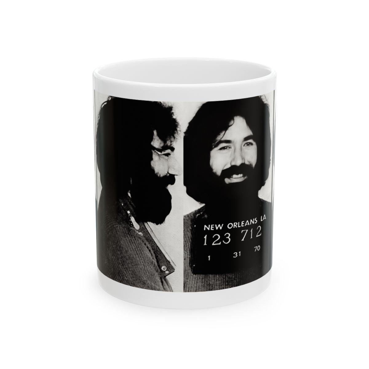 Jerry Garcia Mugshot | Ceramic Coffee Mug 11oz | Magnificent 1970 New Orleans Mug Shot Portrait | The Grateful Dead | Busted | Made To Order | Legendary American Music | Original Art Design | Custom Made | NEW (Sealed)