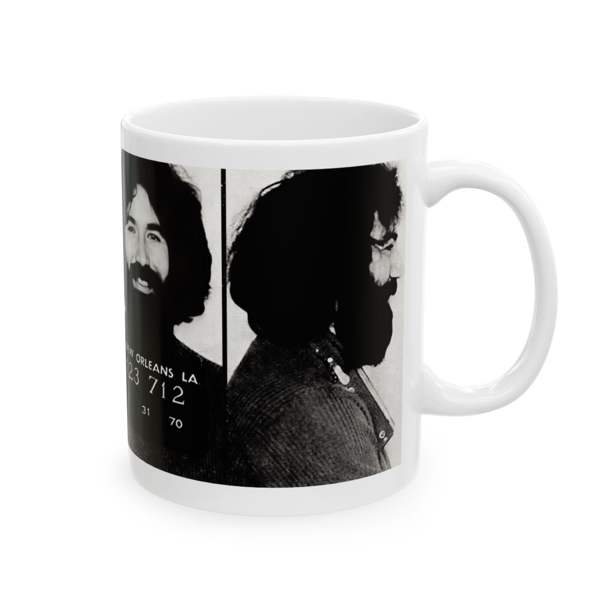Jerry Garcia Mugshot | Ceramic Coffee Mug 11oz | Magnificent 1970 New Orleans Mug Shot Portrait | The Grateful Dead | Busted | Made To Order | Legendary American Music | Original Art Design | Custom Made | NEW (Sealed)