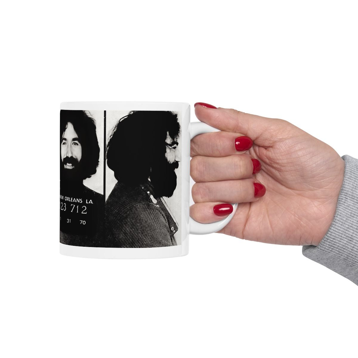 Jerry Garcia Mugshot | Ceramic Coffee Mug 11oz | Magnificent 1970 New Orleans Mug Shot Portrait | The Grateful Dead | Busted | Made To Order | Legendary American Music | Original Art Design | Custom Made | NEW (Sealed)