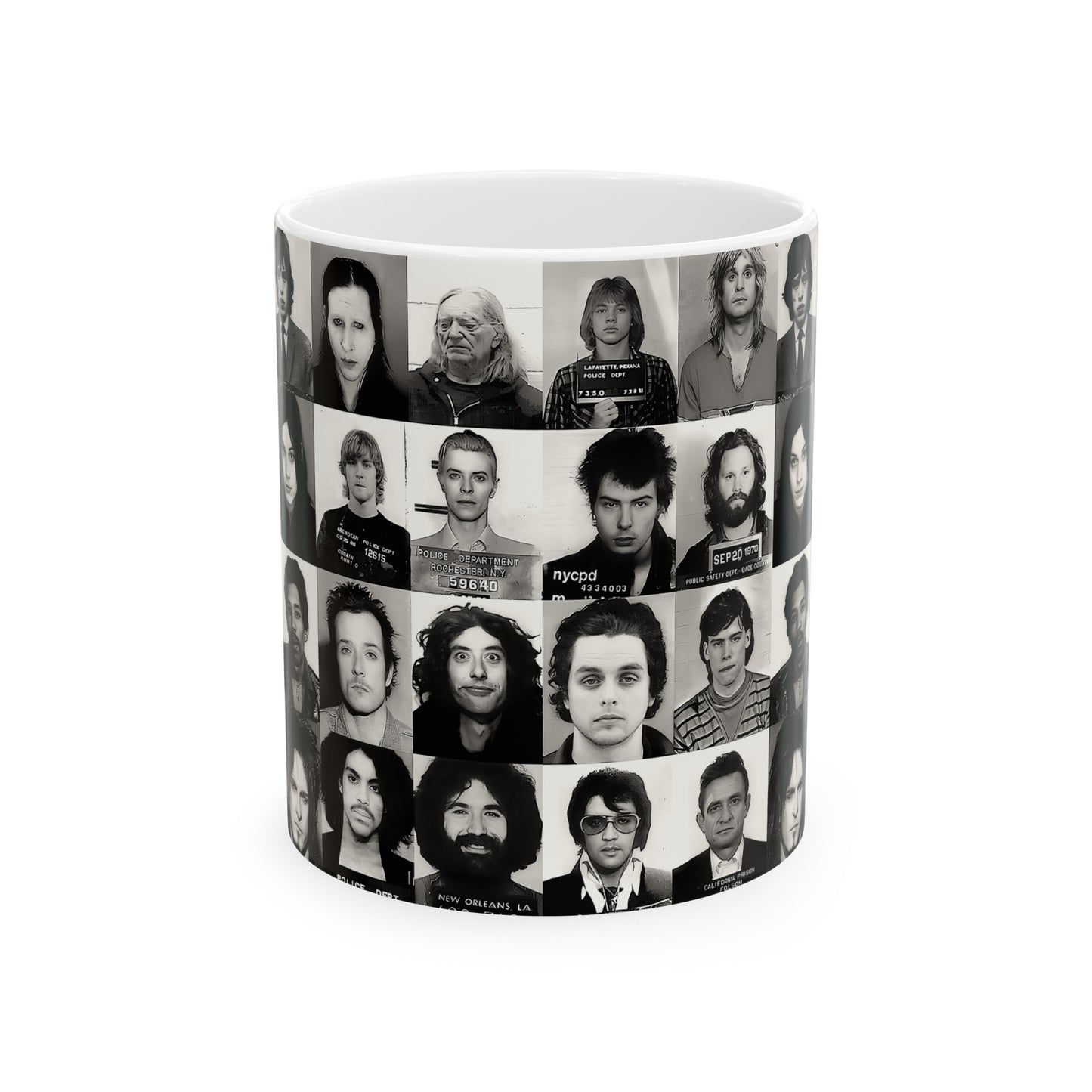 Famous Music Mugshots Coffee Mug 11oz | Magnificent Mug Shot Photo Collection | Rock and Roll's Most Wanted | Iconic Mugshot Arrest Pictures | Original Art Design | Custom Made | NEW