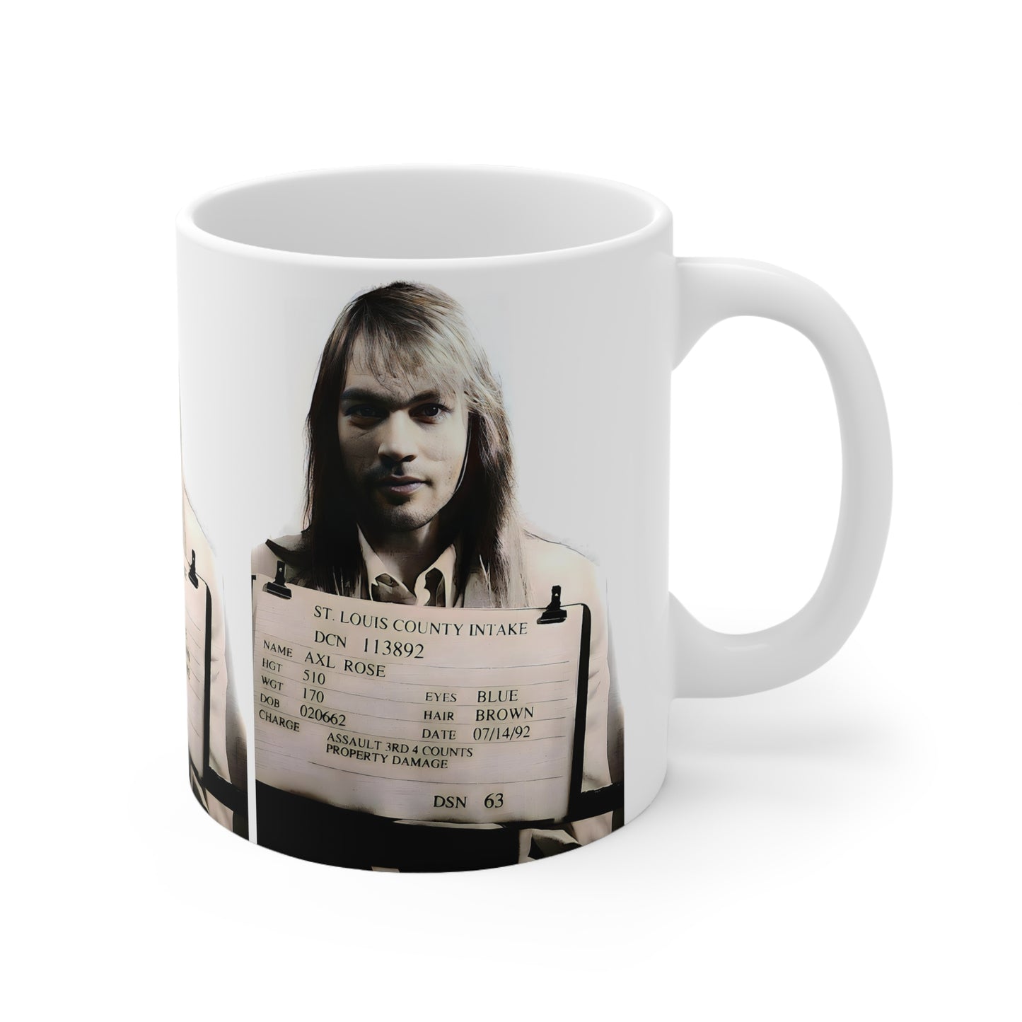 Axl Rose Mugshot Coffee Mug 11oz | Magnificent 1991 Mug Shot Portrait | Busted | Famous St. Louis Arrest | Guns N' Roses | Original Art Design | NEW