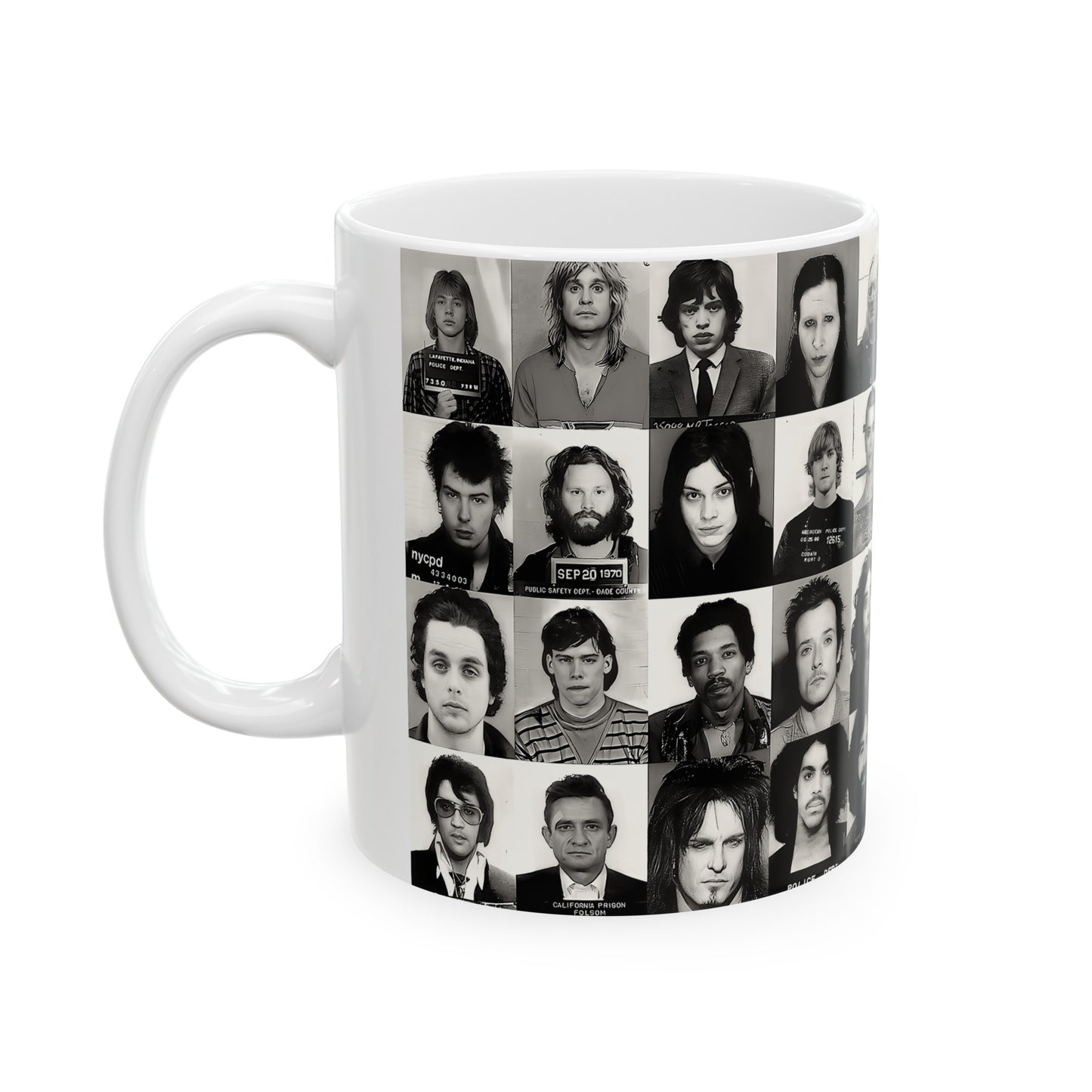 Famous Music Mugshots Coffee Mug 11oz | Magnificent Mug Shot Photo Collection | Rock and Roll's Most Wanted | Iconic Mugshot Arrest Pictures | Original Art Design | Custom Made | NEW