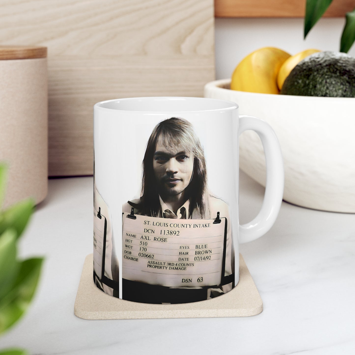 Axl Rose Mugshot Coffee Mug 11oz | Magnificent 1991 Mug Shot Portrait | Busted | Famous St. Louis Arrest | Guns N' Roses | Original Art Design | NEW