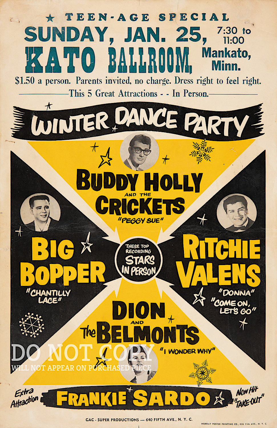 Famous 1959 Winter Dance Party Concert Tour Poster 11 X 17 - Buddy Holly and The Crickets - Ritchie Valens - The Big Bopper - Legendary American Music - Rare Art Print