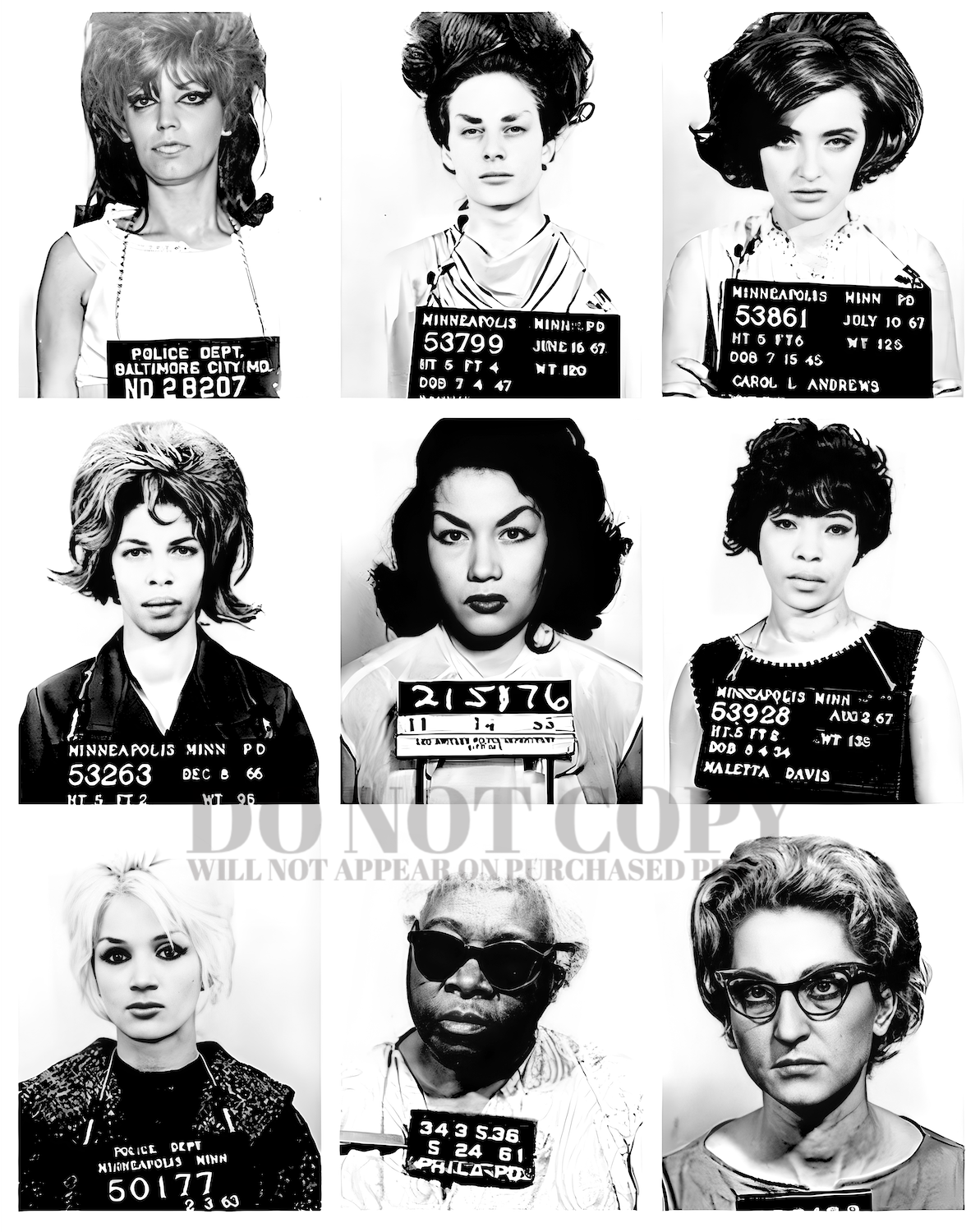 Ladies Mugshot Photograph Set 8 X 10 - Amazing 1960s Mug Shot Portrait Collage - Busted - Sixties - Women - Rare Photos - Poster Art Print