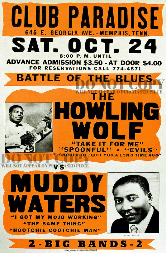 Vintage Blues Music Concert Poster 11 X 17 - Howlin' Wolf Vs Muddy Waters - Battle Of The Blues - Club Paradise - Memphis, TN - Legendary American Music - Rare Art Print