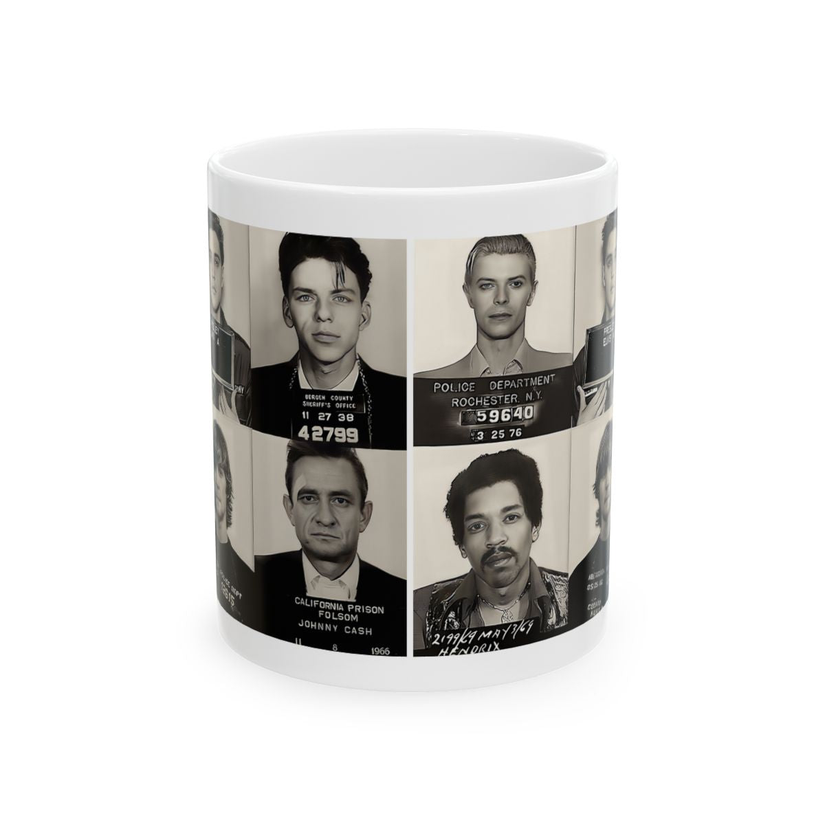 The Greatest Music Mugshots Coffee Mug 11oz | Magnificent Mug Shot Photo Collage | Rock and Roll's Most Wanted | Busted | Famous Arrest Pictures | Original Art Design | Made To Order | Custom | NEW (Sealed)