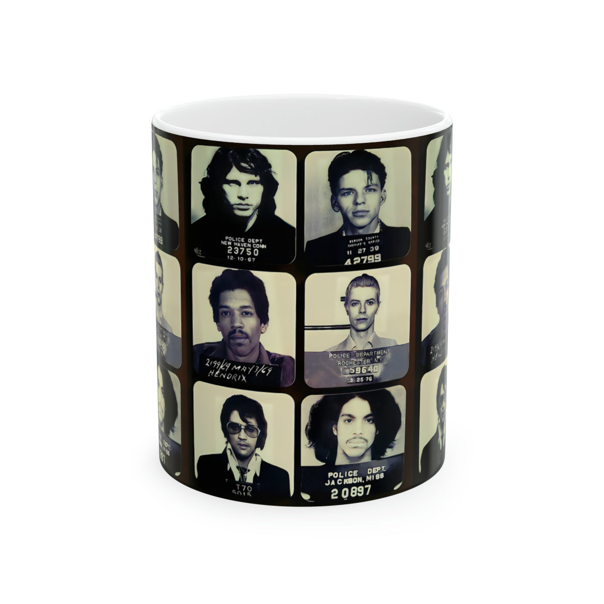 The Greatest Mugshots In Music | Coffee Mug 11oz | Magnificent Mug Shot Photo Collection | Custom Made | Famous Arrest Pictures | Original Art Design | NEW