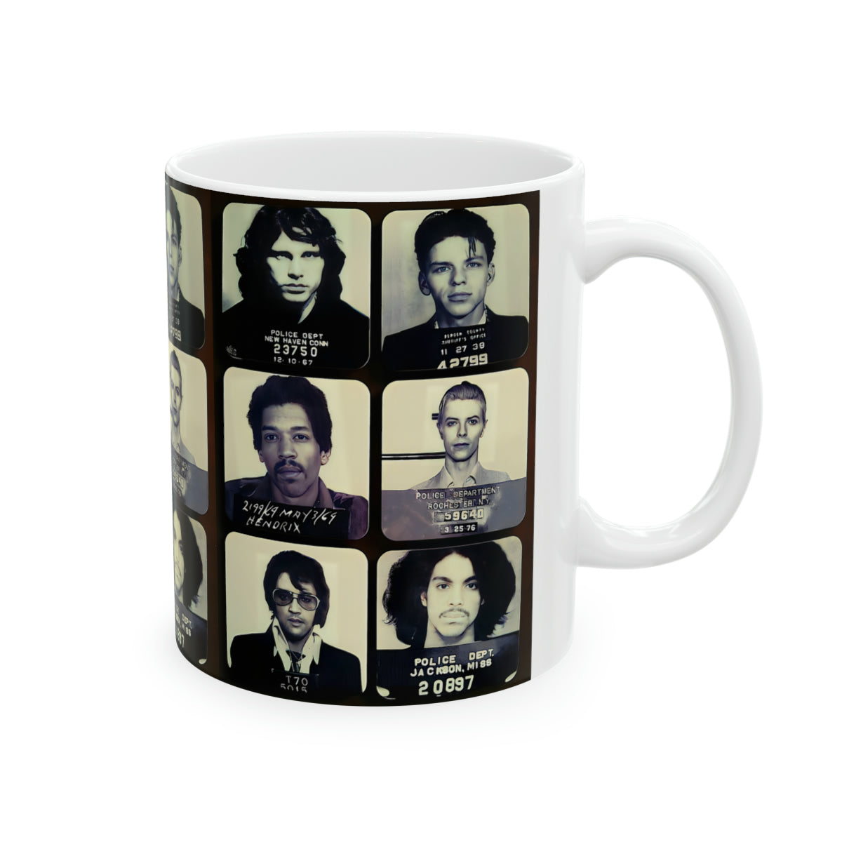 The Greatest Mugshots In Music | Coffee Mug 11oz | Magnificent Mug Shot Photo Collection | Custom Made | Famous Arrest Pictures | Original Art Design | NEW