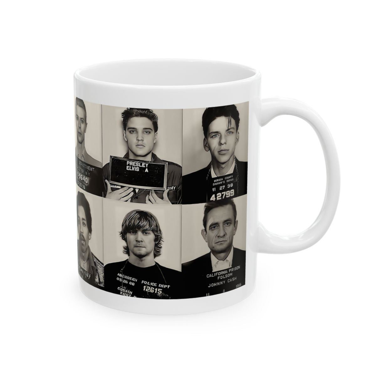 The Greatest Music Mugshots Coffee Mug 11oz | Magnificent Mug Shot Photo Collage | Rock and Roll's Most Wanted | Busted | Famous Arrest Pictures | Original Art Design | Made To Order | Custom | NEW (Sealed)