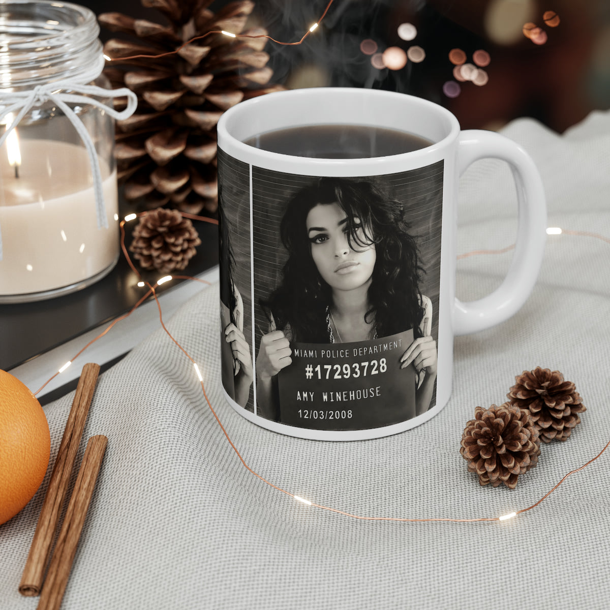 Amy Winehouse Mugshot Coffee Mug 11oz | Marvelous 2008 Mug Shot Portrait | Busted | Famous Miami Arrest | Back To Black | Original Art Design | Custom Made | NEW