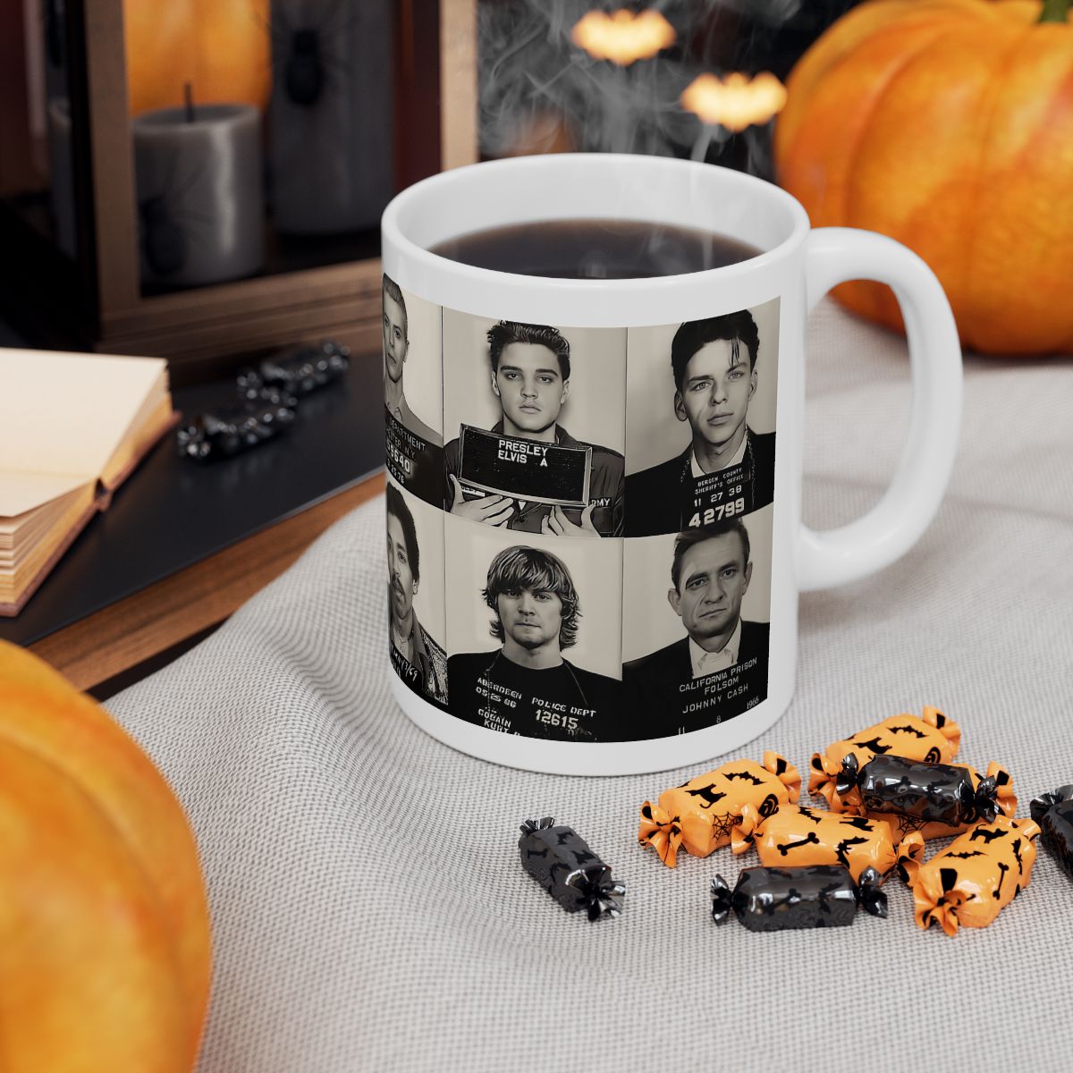 The Greatest Music Mugshots Coffee Mug 11oz | Magnificent Mug Shot Photo Collage | Rock and Roll's Most Wanted | Busted | Famous Arrest Pictures | Original Art Design | Made To Order | Custom | NEW (Sealed)