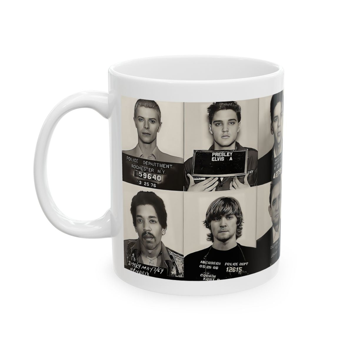 The Greatest Music Mugshots Coffee Mug 11oz | Magnificent Mug Shot Photo Collage | Rock and Roll's Most Wanted | Busted | Famous Arrest Pictures | Original Art Design | Made To Order | Custom | NEW (Sealed)