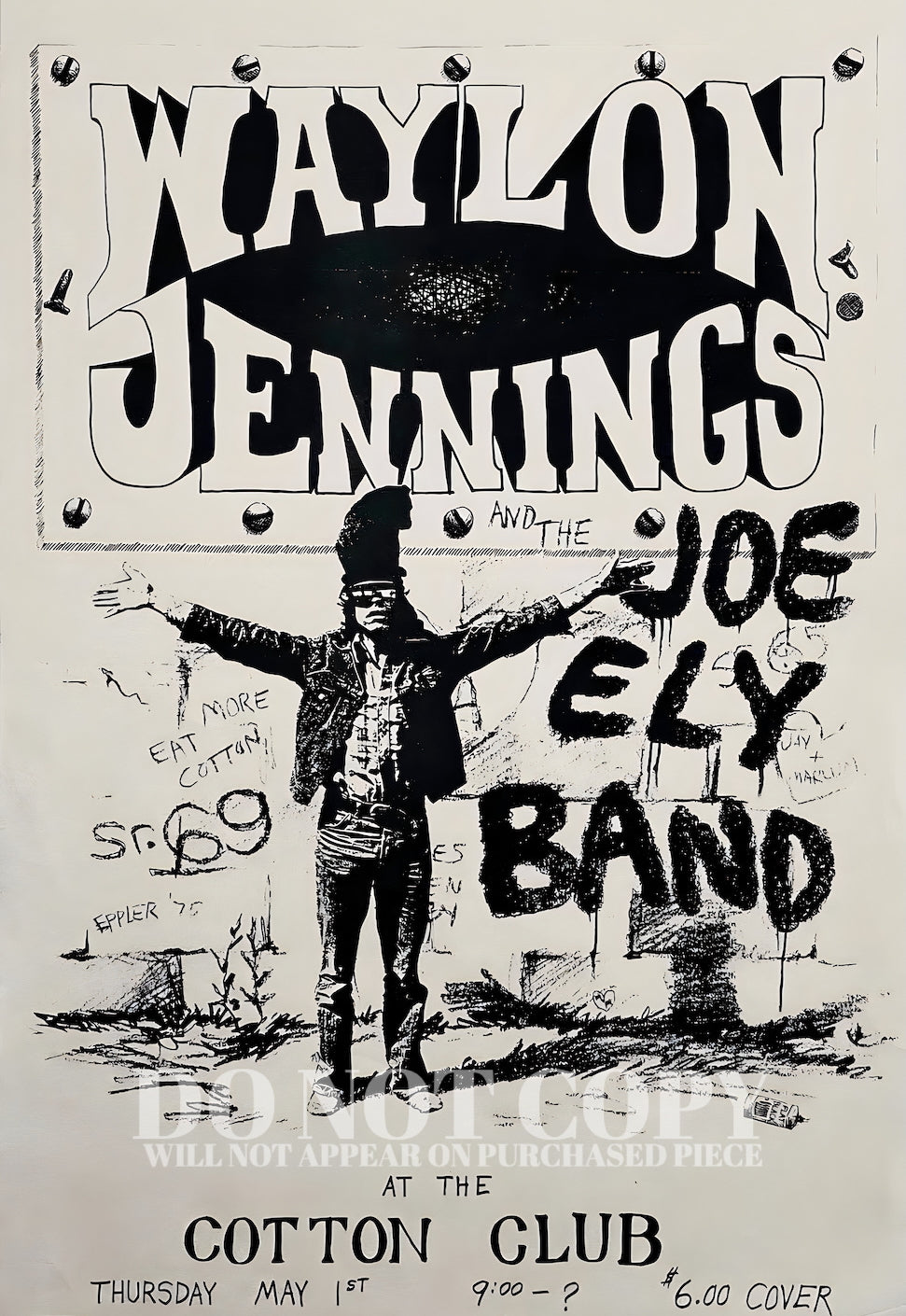 Waylon Jennings 1975 Vintage Concert Poster 11 X 16 Inches | The Joe Ely Band | Live At The Cotton Club | Legendary American Music | Rock and Roll | Honky Tonk | Outlaw Country | Rare Art Print