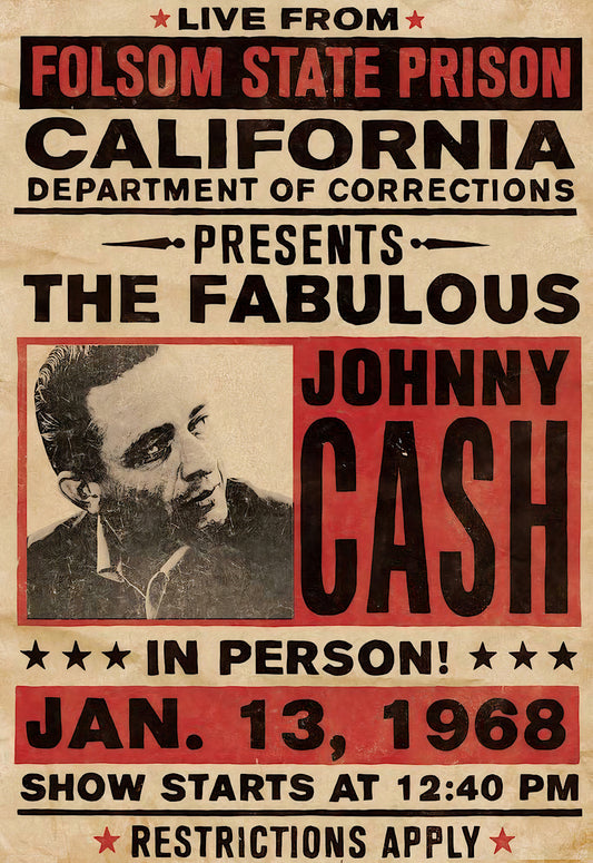 Johnny Cash Concert Poster 11 X 16 Inches - Legendary 1968 Folsom State Prison Performance - Outlaw Country - American Music Icon - Original Artwork - Historic Show - Art Print