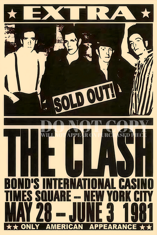 The Clash Band Concert Poster 11 X 17 - Legendary 1981 Bond's Casino Show - NYC - Times Square - Joe Strummer - Punk Rock Idols - Historic Performance - Original Artwork - Rare Art Print