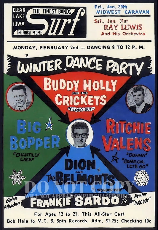 Legendary 1959 Winter Dance Party Concert Tour Poster 11 X 17 - Buddy Holly and The Crickets - Ritchie Valens - The Big Bopper - Historic Performance - Rare Art Print