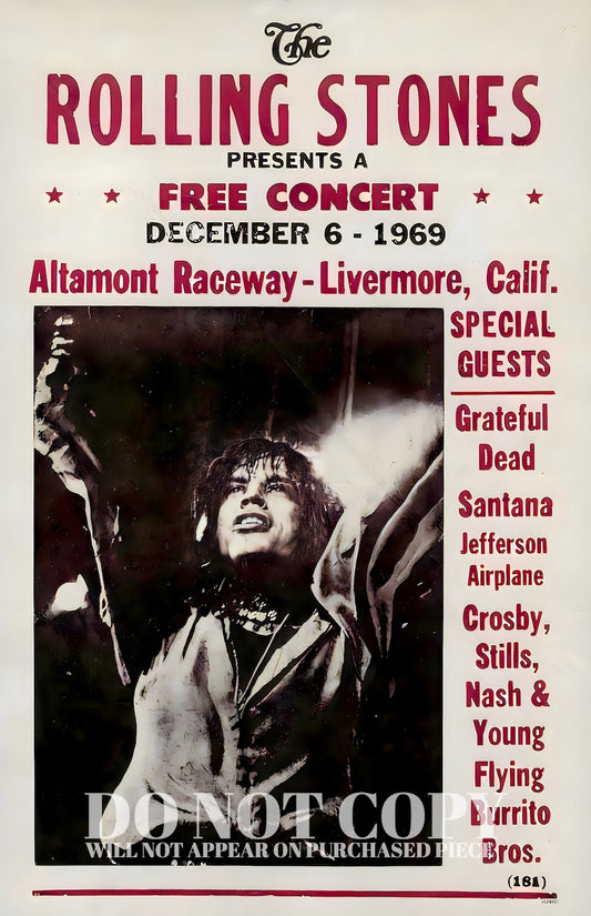 The Rolling Stones Poster 11 X 17 Inches - Legendary 1969 Altamont Concert - Grateful Dead - Flying Burrito Brothers - Santana - Crosby, Stills, Nash & Young - Rare Art Print