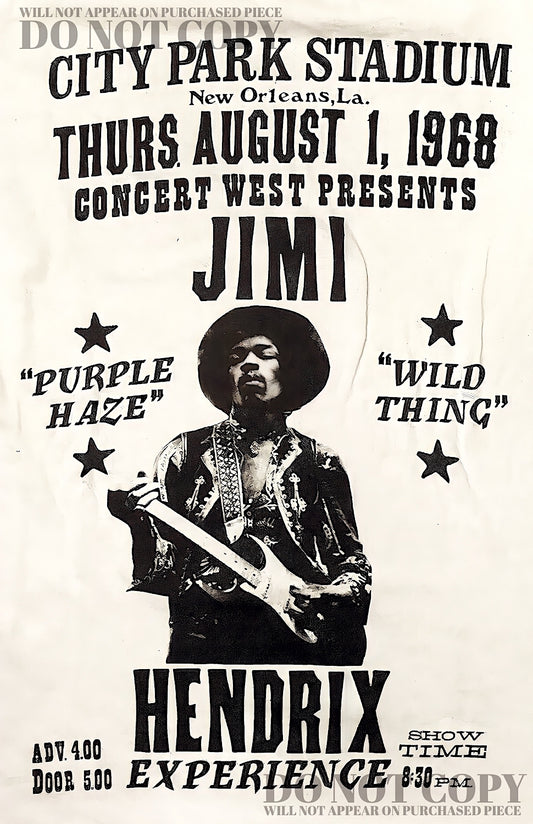 Jimi Hendrix Poster 11 X 17 - Magnificent 1968 Concert Artwork - Live - City Park Stadium - New Orleans, Louisiana - Legendary American Music - Rare Art Print