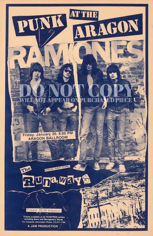 Ramones Poster 11 X 17 - Magnificent 1978 Concert Artwork - Live - The Aragon Ballroom - Chicago, Illinois - The Runaways - Legendary Punk Rock - Rare Art Print