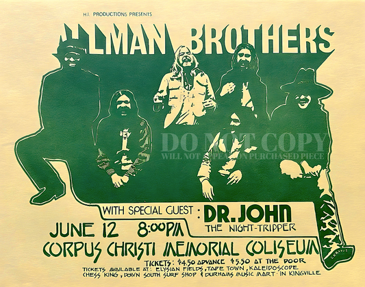 Allman Brothers Band Concert Poster 8 X 10 | Magnificent 1972 Artwork | Live In Texas | Corpus Christi Memorial Coliseum | Legendary American Music | Dr. John | The Night-Tripper | Southern Rock and Roll Icons | The 70s | 8X10 Inches | Rare Art Print
