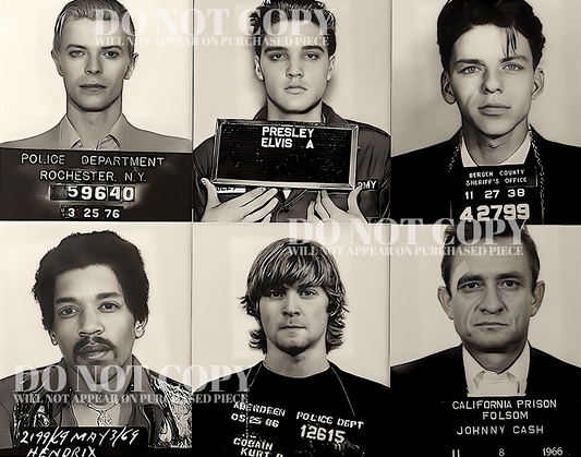 The Best Mugshots In Music 11 X 14 - Rare Mug Shot Portrait Collage - Kurt Cobain - Nirvana - David Bowie - Spiders From Mars - Johnny Cash - Elvis Presley - Million Dollar Quartet - Jimi Hendrix - Experience - Frank Sinatra - Rat Pack - Poster Art Print