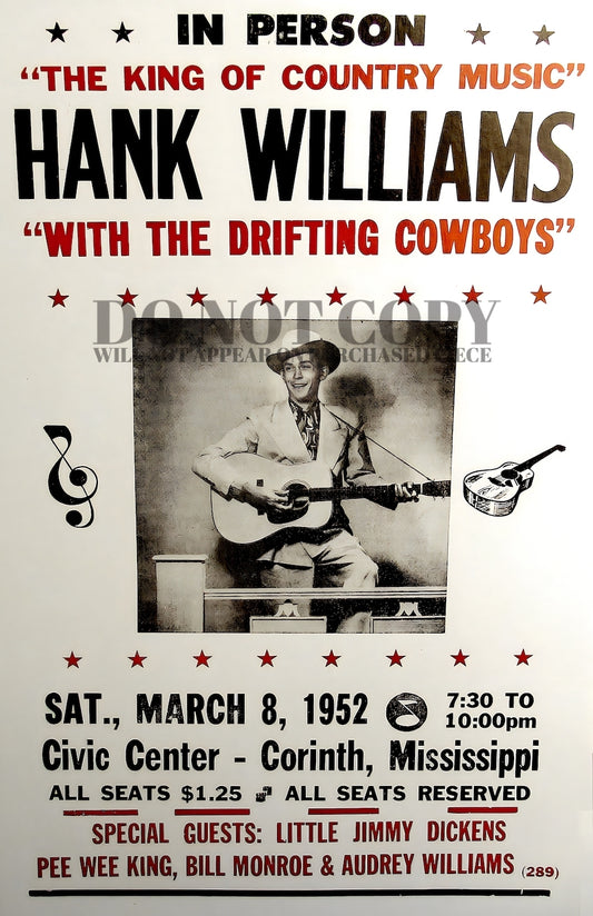 Hank Williams Concert Poster 11 X 17 - Magnificent 1952 Mississippi Show - The King of Country Music - Honky Tonk Hero - The Drifting Cowboys Band - Rare Art Print