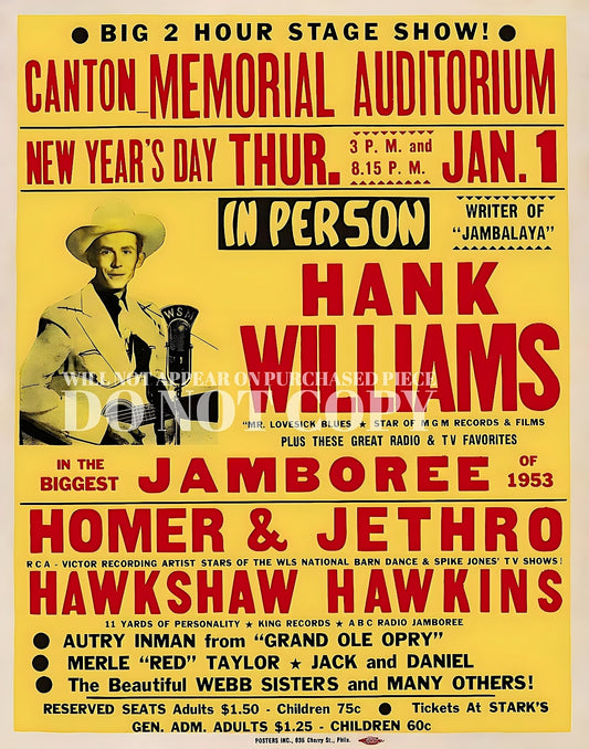 Hank Williams Poster 8 X 10 - Legendary 1953 Canton, Ohio Concert - Homer & Jethro - Hawkshaw Hawkins - Vintage - Live New Year's Day - Outlaw Country - King of Country Music - Magnificent Memorabilia - Rare Art Print