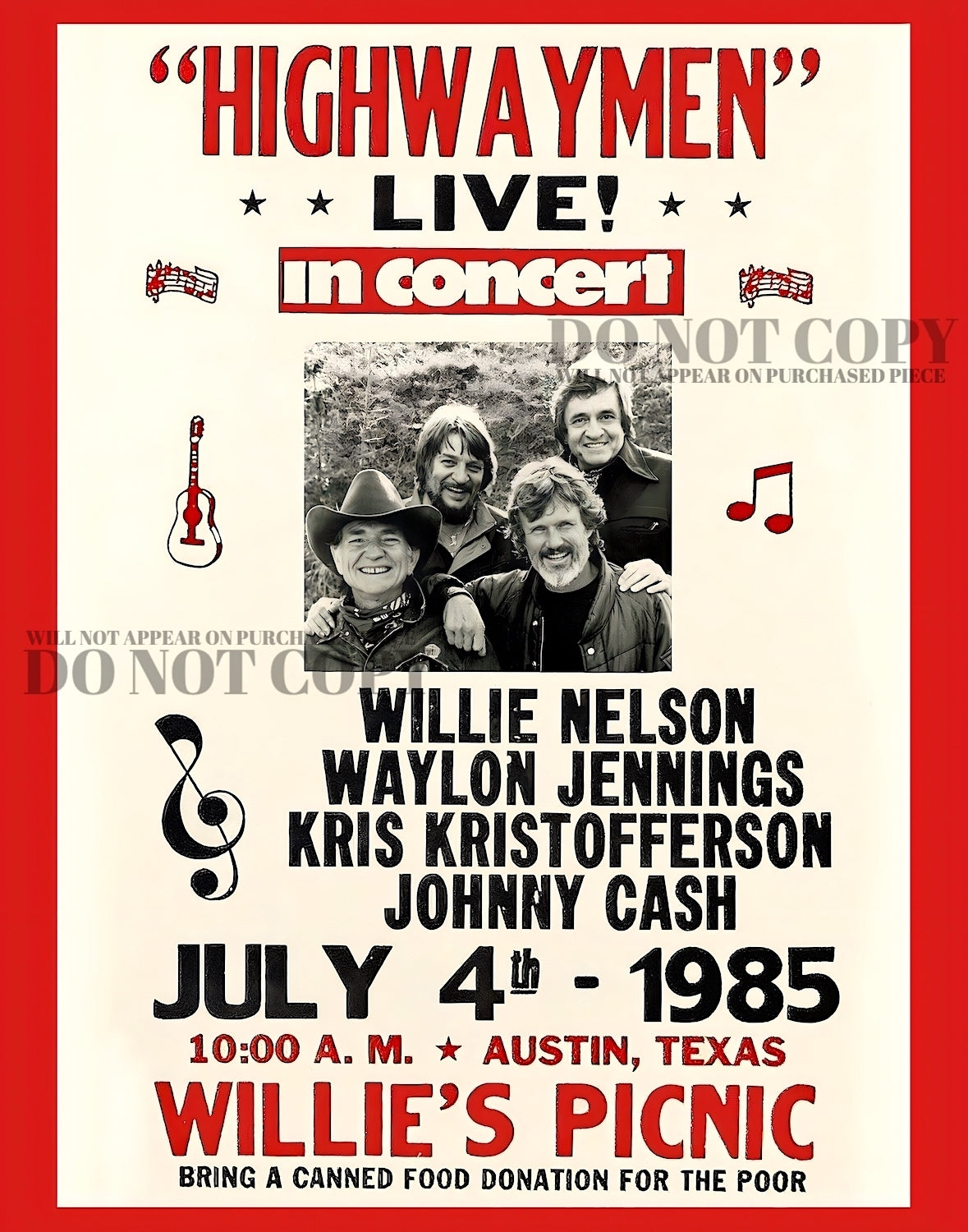 The Highwaymen Concert Poster 11 X 14 - Willie's Famous 4th of July Picnic - Willie Nelson - Johnny Cash - Kris Kristofferson - Waylon Jennings - Live 1985 Austin, Texas - Magnificent Artwork - Rare Art Print