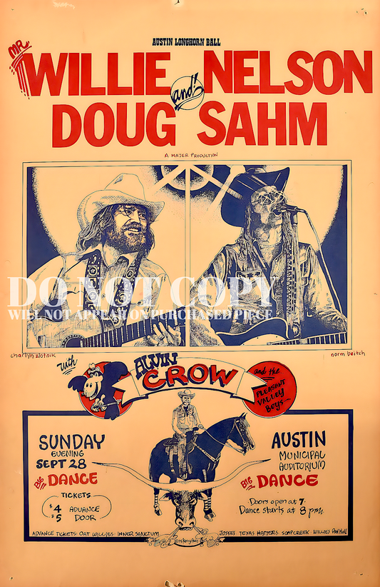 Willie Nelson Concert Poster 11 X 17 - Austin Longhorn Ball - Legendary American Music - Live 1975 - Austin, Texas - Outlaw Country - Doug Sahm - Alvin Crow - The Seventies - Magnificent Artwork - Honky Tonk Heroes - Rare Art Print